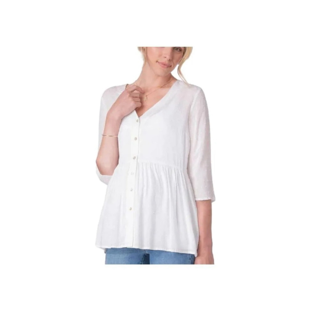 Seraphine Maternity Blouse Size 8 White Swiss Dot V-Neck Button Front